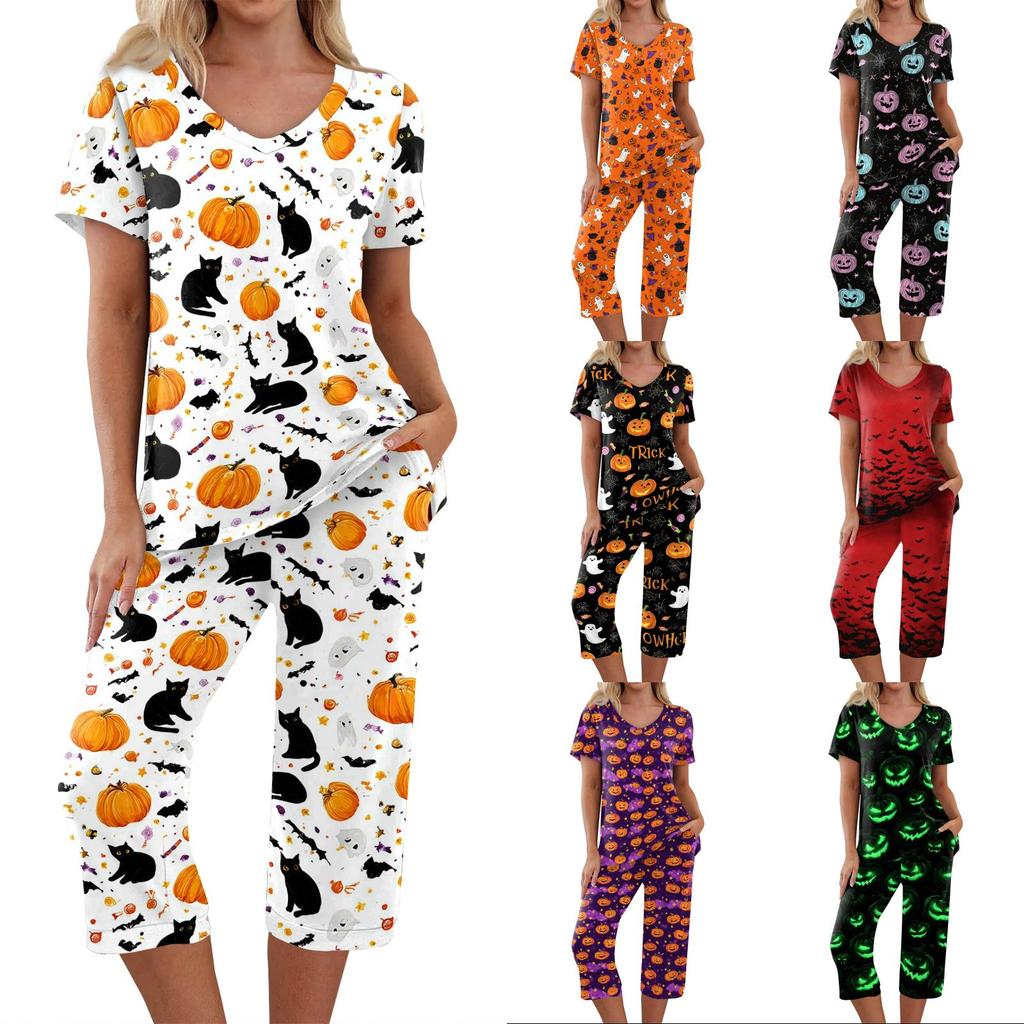 Women Two Piece Set Halloween Print Short Sleeve Top Seven Quarter Pants Casual Lounge Pajama Set for Daily Wear