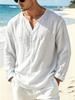 Heren Wit Gekreukeld Katoen V-hals met Kraag Lange Mouwen Shirt - Relaxte Losse Pasvorm Zomer Strand Vakantie Top
