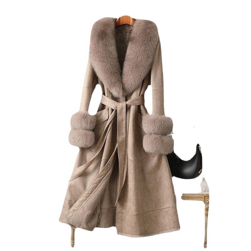 Imitation Rabbit Skin Fur Integrated Coat New Medium and Long Fur Women's Knee Imitation Fox Fur Collar Coat Slim Fit