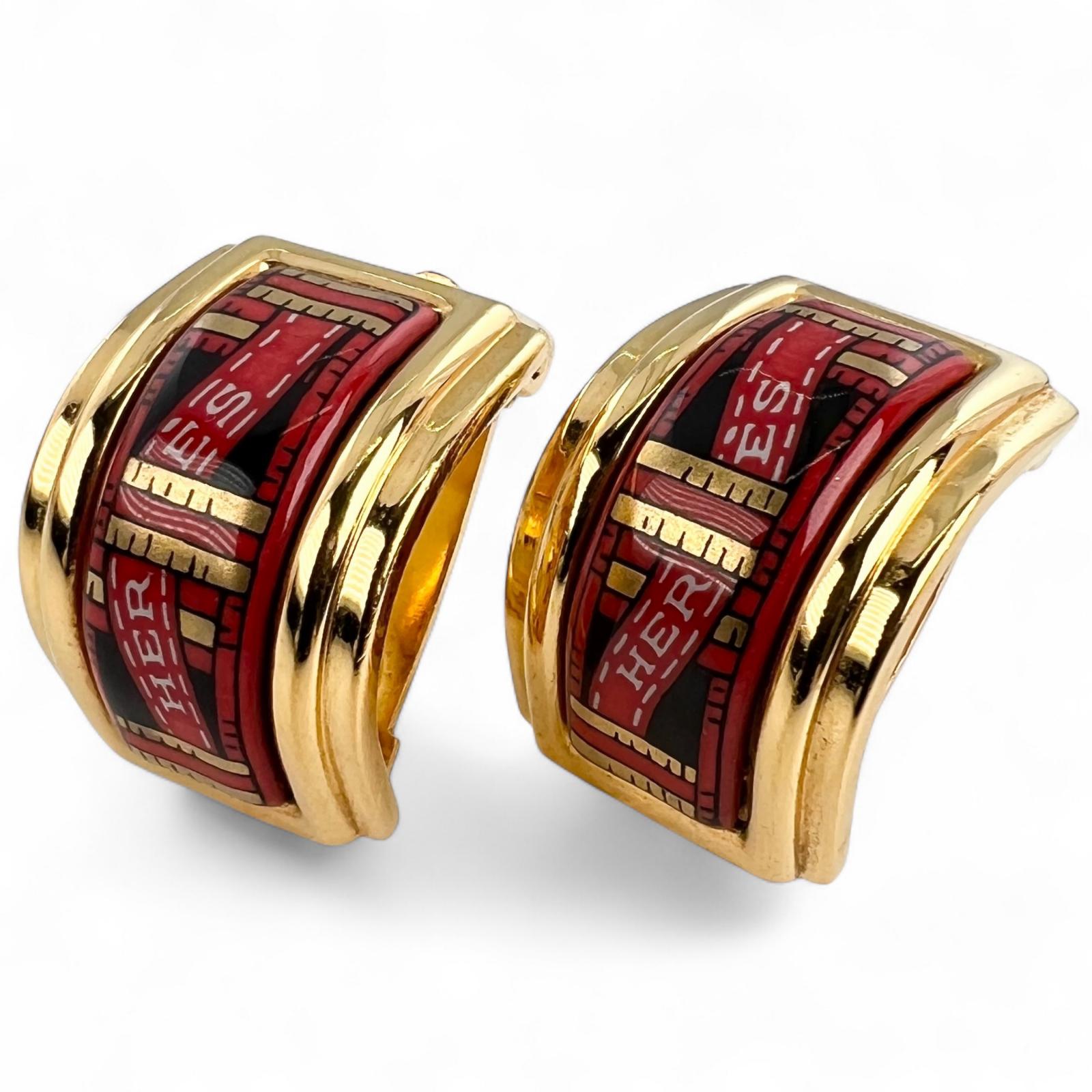 

HERMES Earring Enamel Cloisonne Logo Ribbon Pattern Earrings for Both Ears, Gold Used