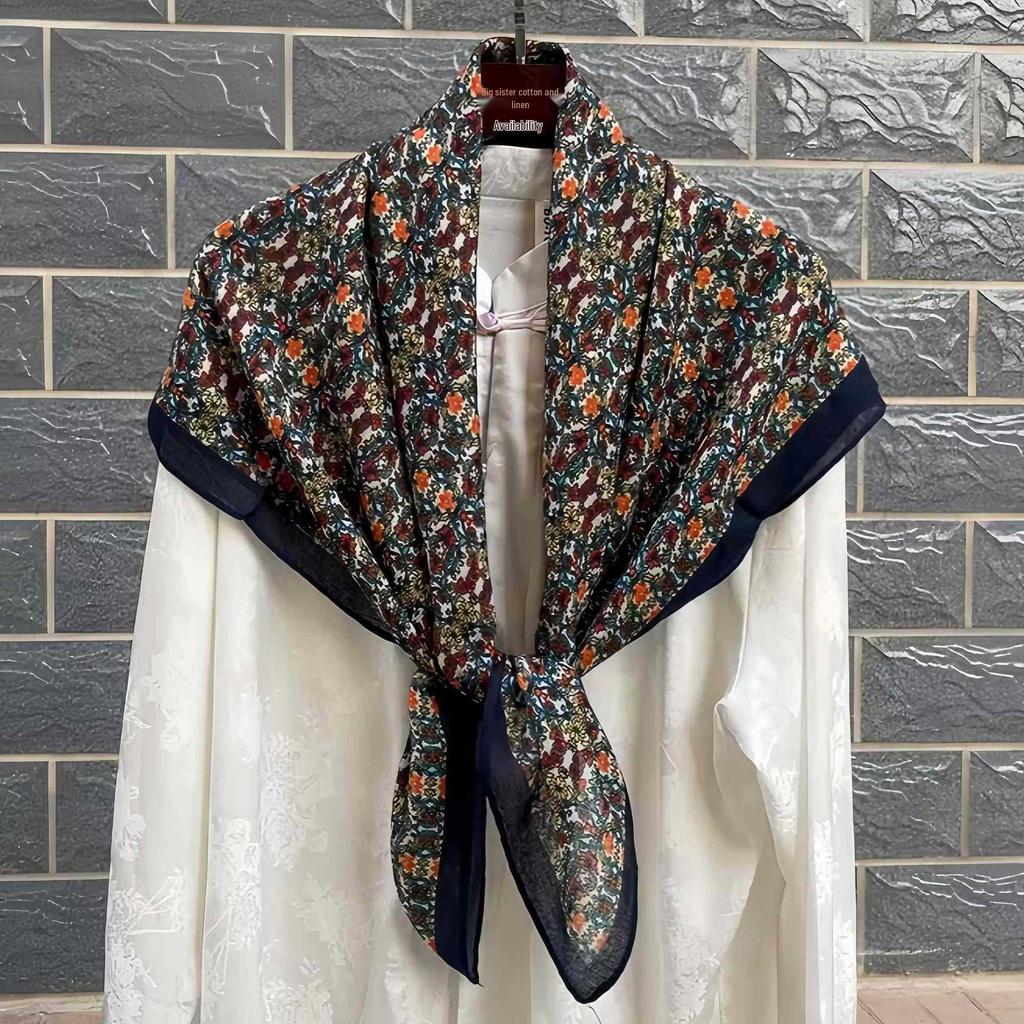 Retro Floral Japanese Style Cotton Linen Square Scarf - Women's Fashionable High-End Versatile Silk Feel Scarf