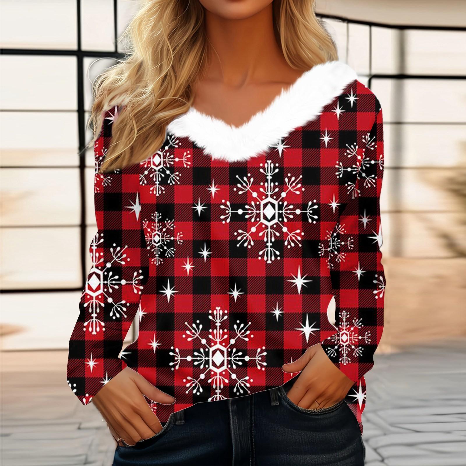 

Women s Fashion Long Sleeve Party Casual Plush Collar Christmas Print V Neck Top XL винний