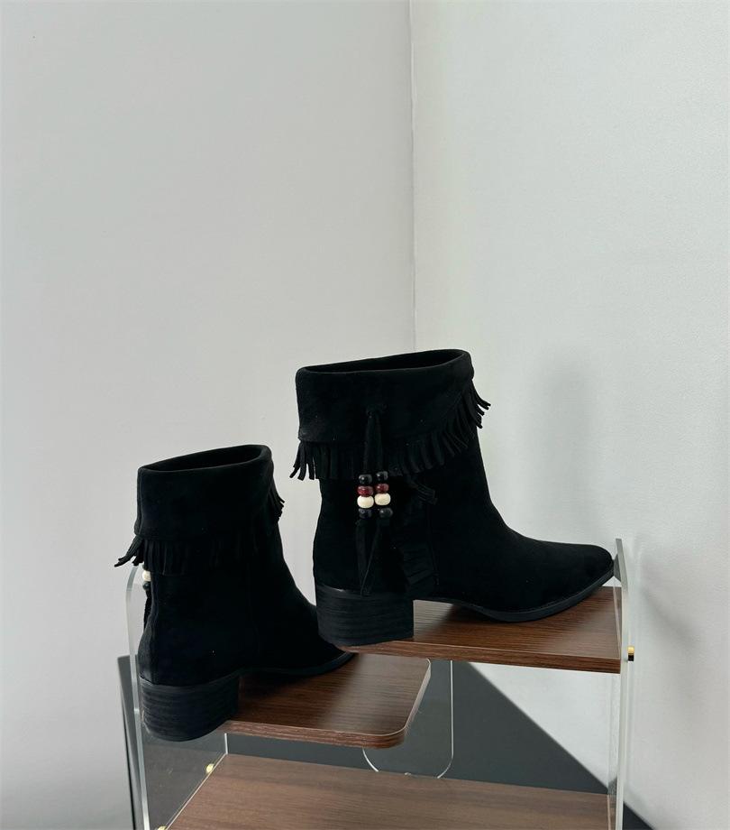 2025 new retro pointed western cowboy boots women's autumn thick heel short tube thin Martin boots women