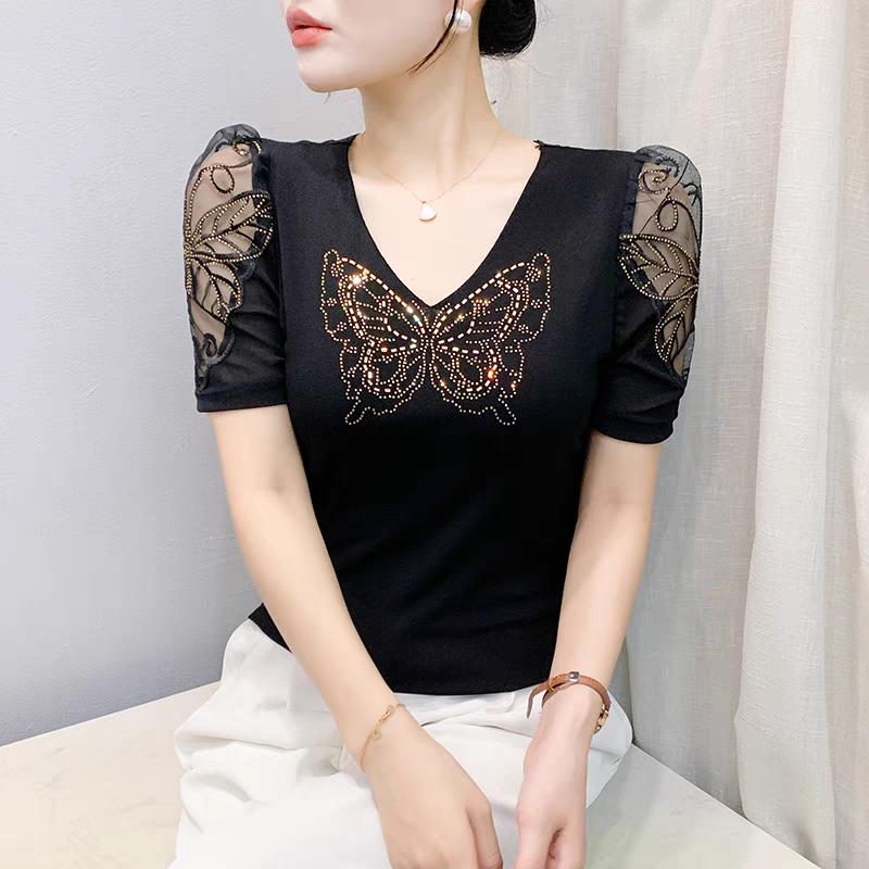 New European Clothes Women's Summer Rhinestone Butterfly T-Shirt Sexy V-Neck Casual Tees Puff Sleeve Tops