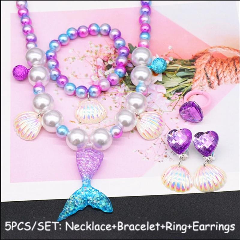 5Pcs/Set Mermaid Pearl Shell Necklace Pendant Earrings Rings Set Girl Princess Birthday Party Decorations Little Mermaid Accesso