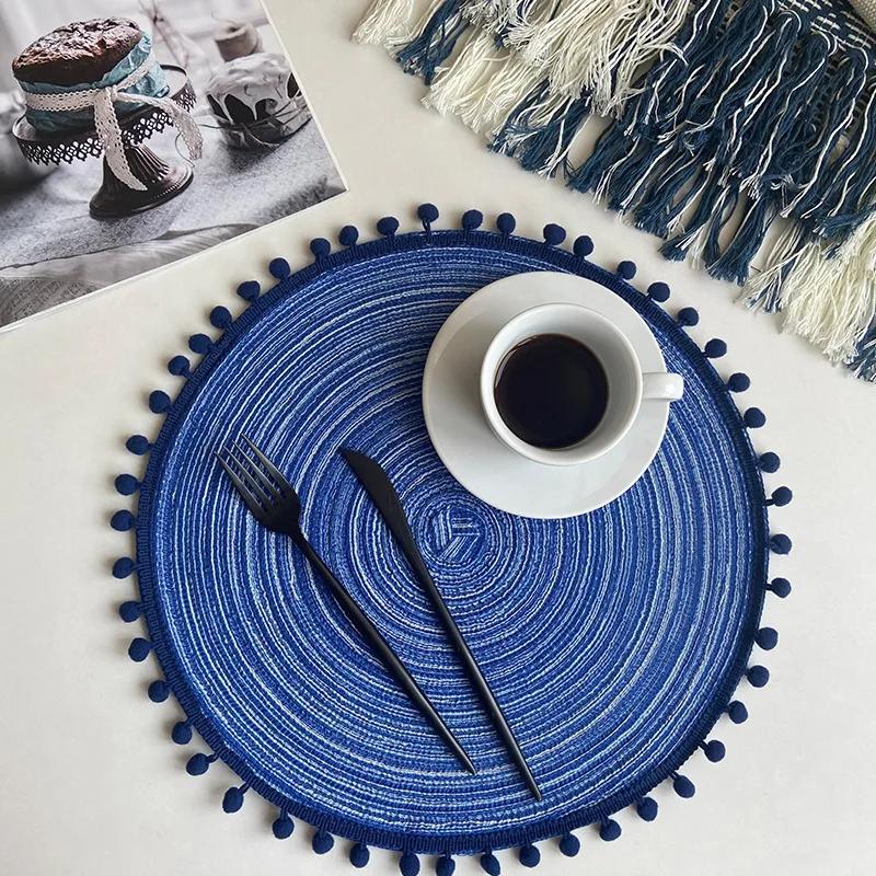 Cotton Yarn Round Table Mat With Ball Tassel Semi-Hand Dining Tableware Non-Slip Insulation Pad Placemat Home Decor Pad Coaster