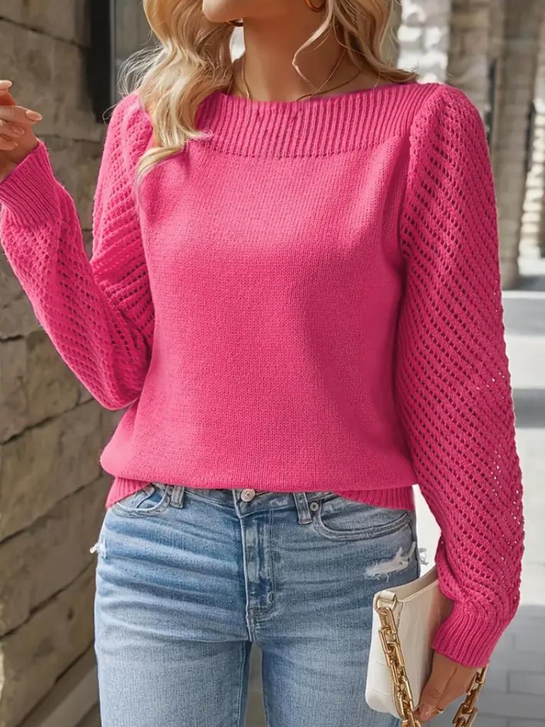 Women's Spring New Arrivals Crewneck Knit Top Hollow Long Sleeve One Shoulder Sweater