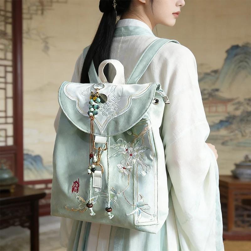 15 Inch Retro Chinese Style Canvas Backpack Handmade Embroidery Hanfu Artistic Zipper Drawstring Laptop Backpack for Women