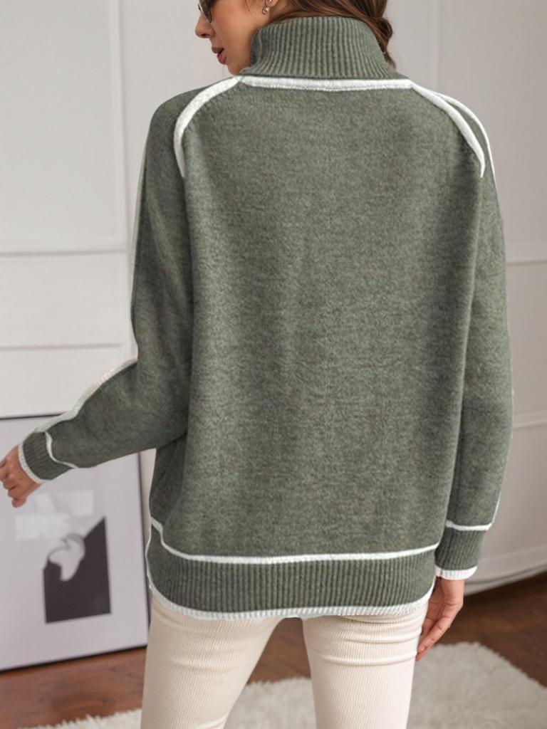 Autumn Winter Women's High Neck Color Block Raglan Sleeve Loose Sweater