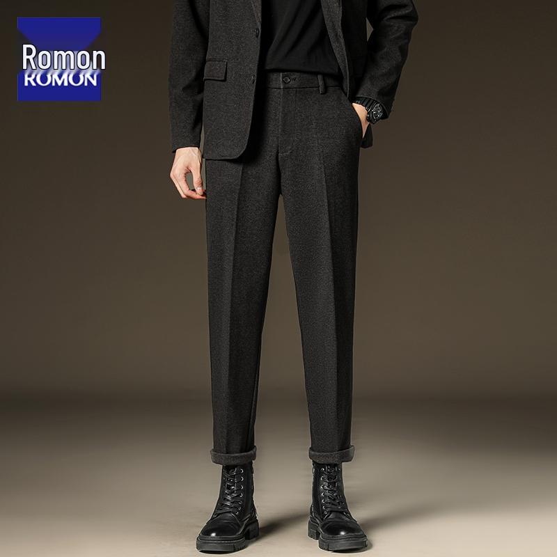 Romon Korean Style Men s Woolen Slim Fit Straight Pants: Thick, Warm, Casual Trousers for Autumn/Spring. 38 (185—195 cm)