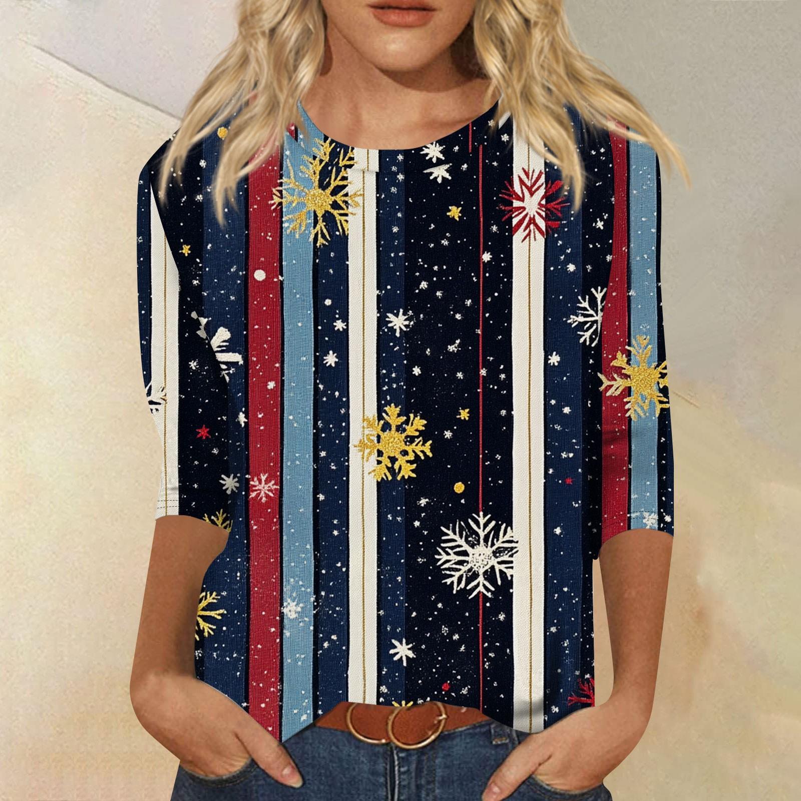 

Женская мода повседневная рубашка с круглым вырезом и рождественским принтом, семь рукавов XXL тёмно-синий