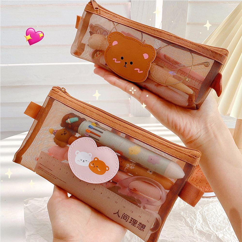 Cute Pen Bag Large Capacity Mesh Pencil Case Bear Pencil Bags Kawaii Pencil Bag Storage Bags