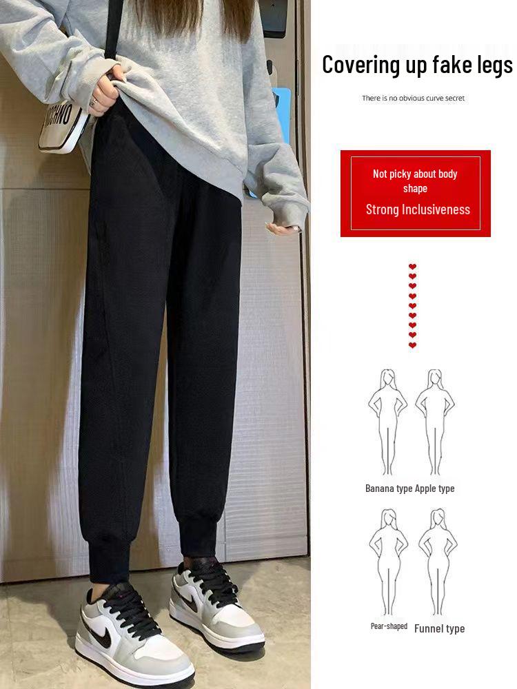 Women's Versatile Black Cropped Harem Sweatpants - Spring To Winter, Slimming with Plus Velvet.