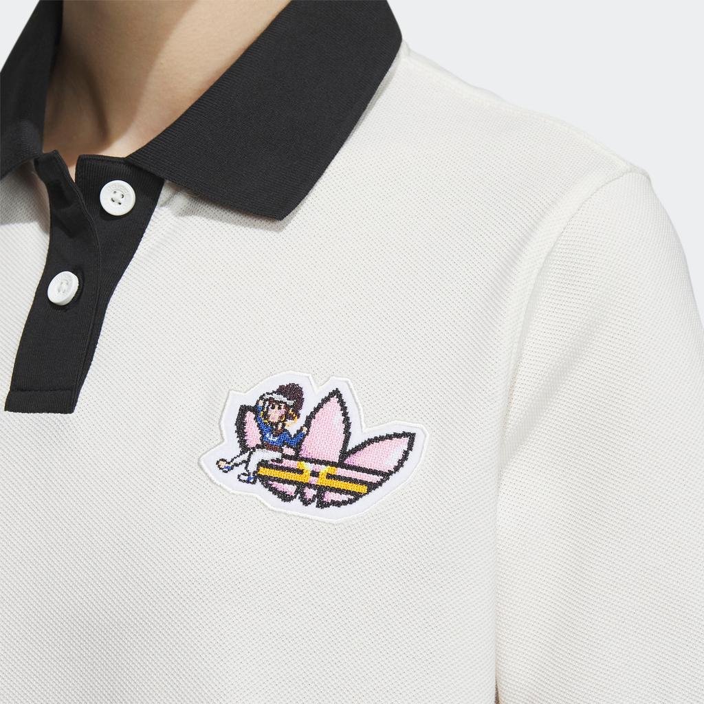 Adidas Originals x Monkey Kingdom Collaboration Polo Shirt With Cartoon Logo Patchwork Women Polo Pink White IP1777