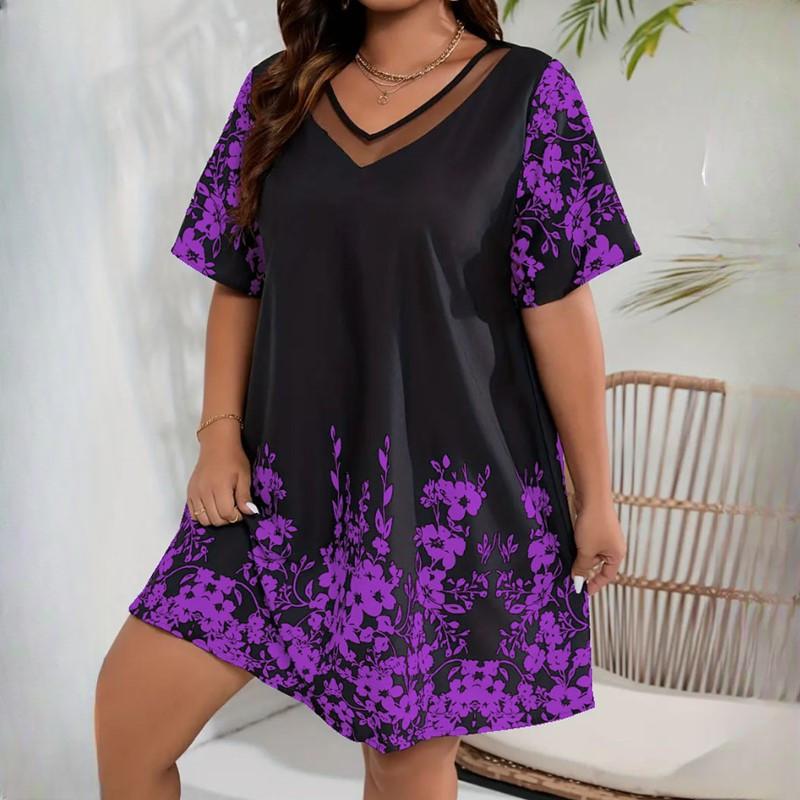 IHUASU Plus Size Women's Loose Comfortable Casual Positioning Printed Spell Mesh Short Sleeve Dresses