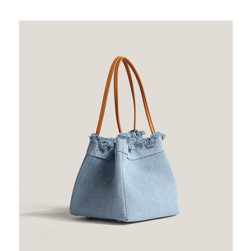 New Trendy Niche Design Denim Splicing Versatile Hand-held Women's Bag Casual Canvas Vegetable Basket Bucket Bag