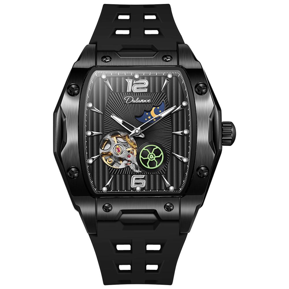 Dulunwe Tonneau Sports Men's Tourbillon Watches Starry Moon Phases Hollow Out Automatic Mechanical Watch Rubber Strap Luminous Wristwatch