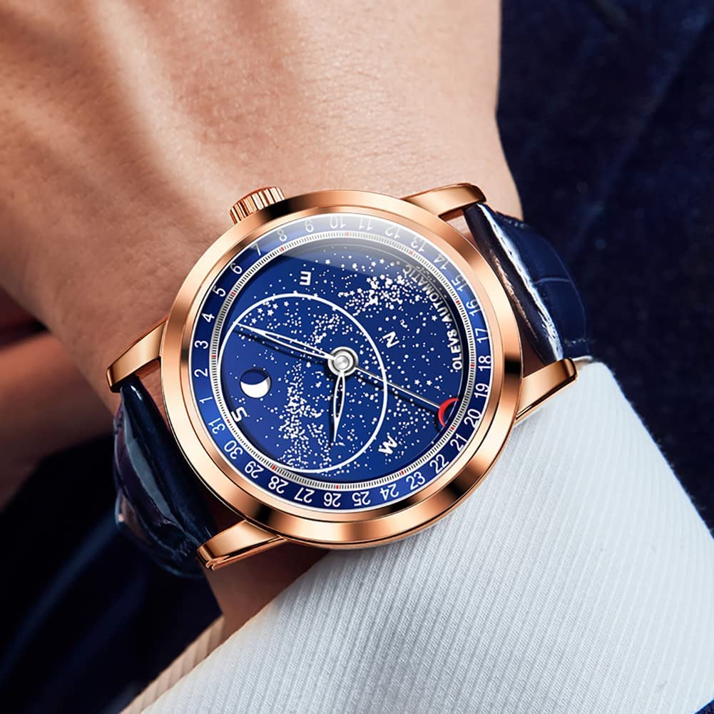 OLEVS Watch Cool Starry Sky Automatic Watch Mechanical Luxury Leather Belt Skeleton Leather Belt Waterproof Blue watch for men Gold Men's Men's (Rose