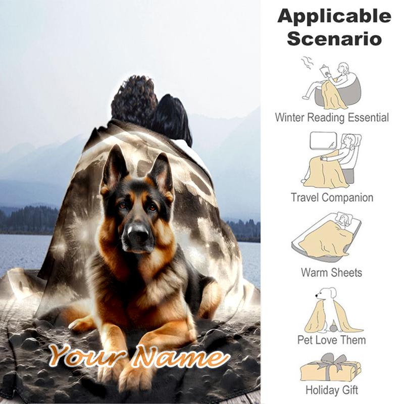 1PC Custom Name Night Dog Moon Scene flannel blanket versatile, all-season throw suitable for the living room, bedroom, camping, travel, and gift