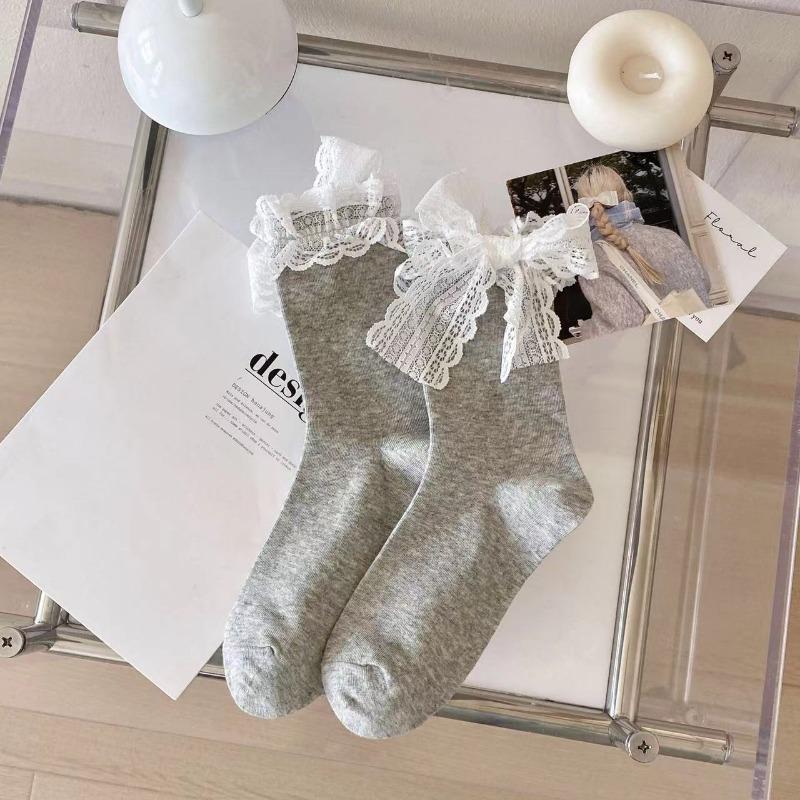 

Носки женские белые банты кружевные носки труба в стиле колледжа принцесса сладкие уличные носки JK One Size серый