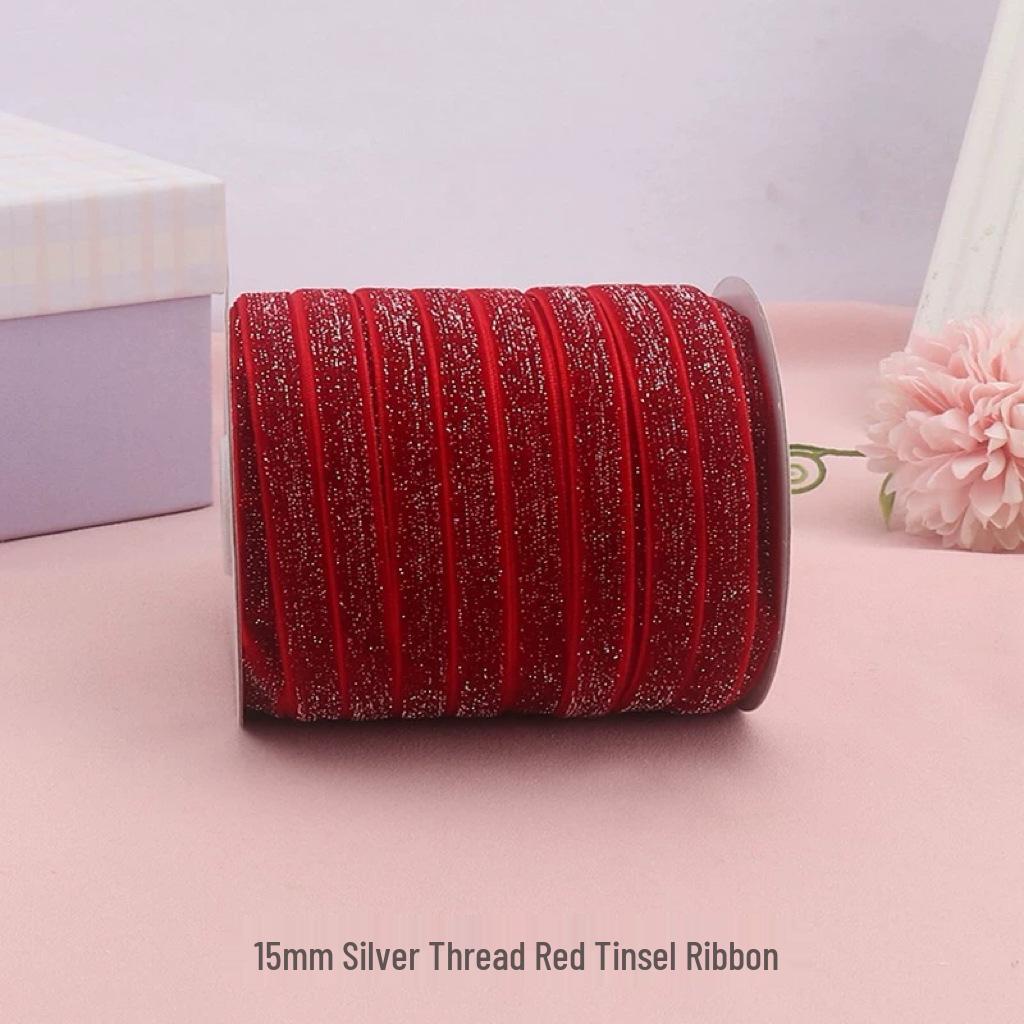 Green Velvet Ribbon with Gold & Silver Glitter Thread for DIY Hair Accessories