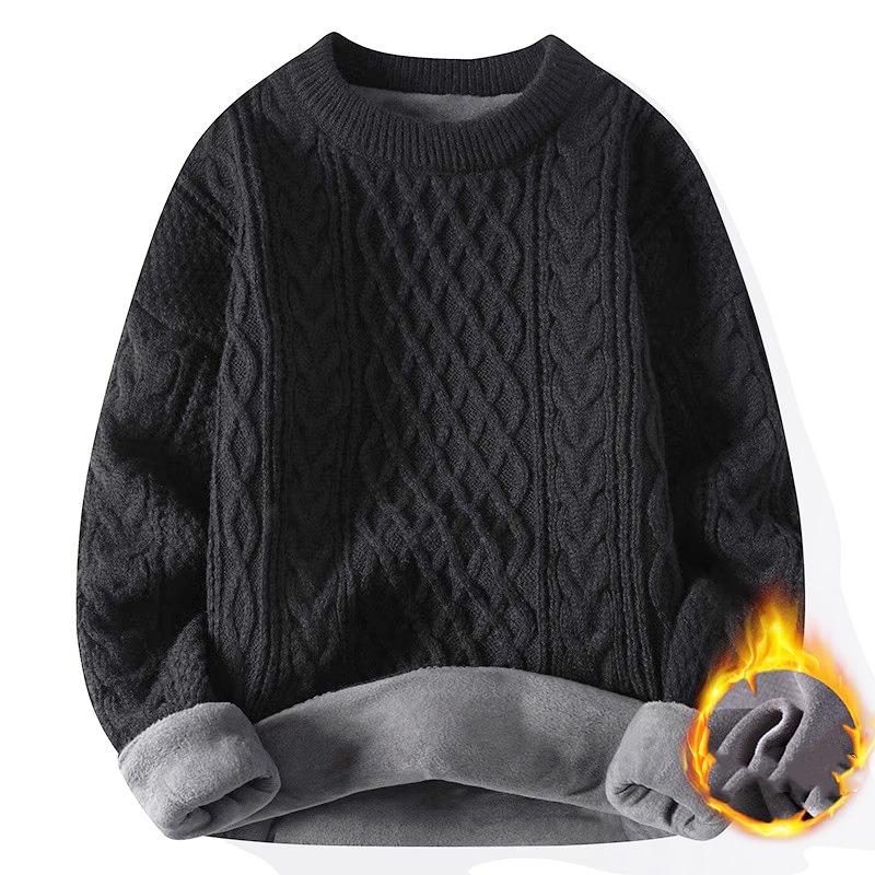 Trendy Knitted Sweater for Men Casual Round Neck Warm Inner Loose-fit Pullover Cozy Soft Supple Fall Winter Fashion