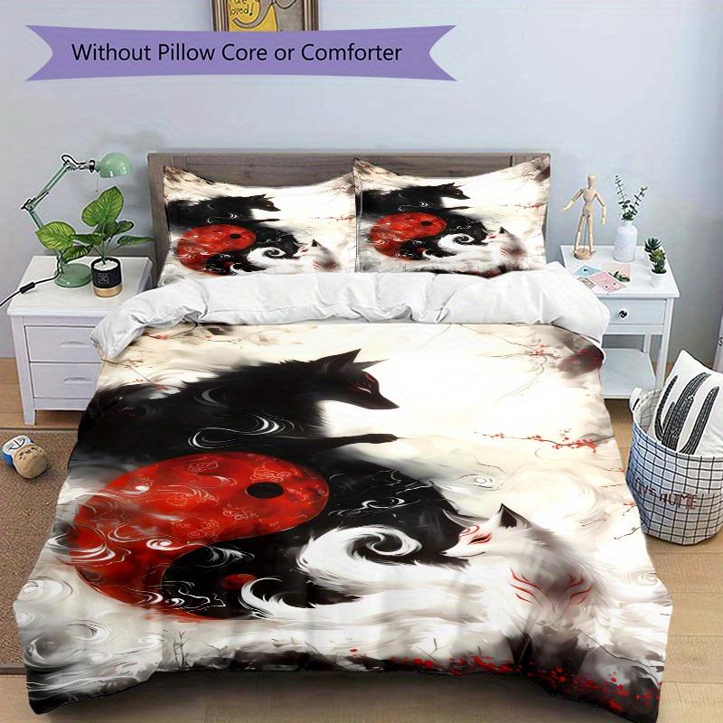 3pcs Yin Yang Fox Bedding Set Soft Polyester Down Comforter Cover and Pillowcases,Home Decoration All Seasons(No Insert) S0819100