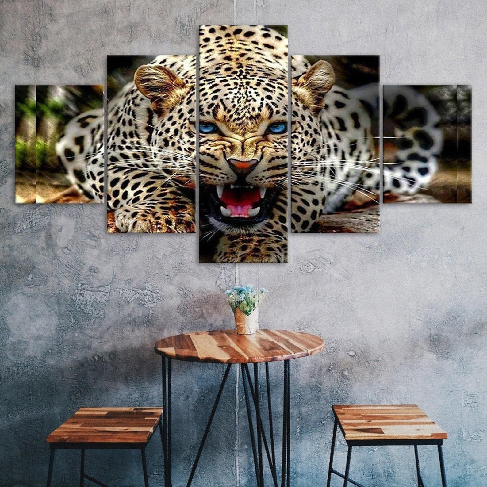 

Leopard Blue Eyes Roaring Angry Animal 5 Piece Five Panel Wall Canvas Print Modern Art Poster Picture Home Decor Gift For Him For Her 20X35 20X45 20X55CM