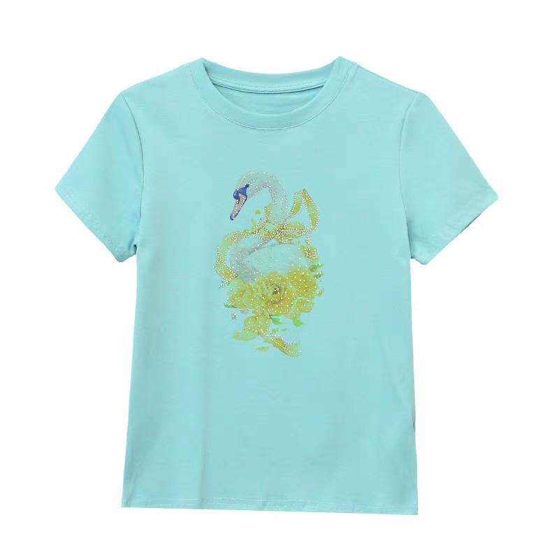 Classic Women's Shiny Cartoon Swan Hot Diamonds O-Neck T-Shirt Summer Office Lady Cotton Tops Clothes New Fashion Flower Fairy Tees