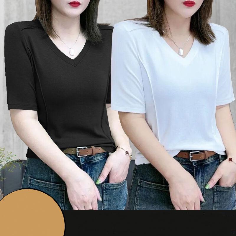 Women's European-Style Ribbed V-Neck Short-Sleeve Slim-Fit T-Shirt, Yellow-Green/Apricot