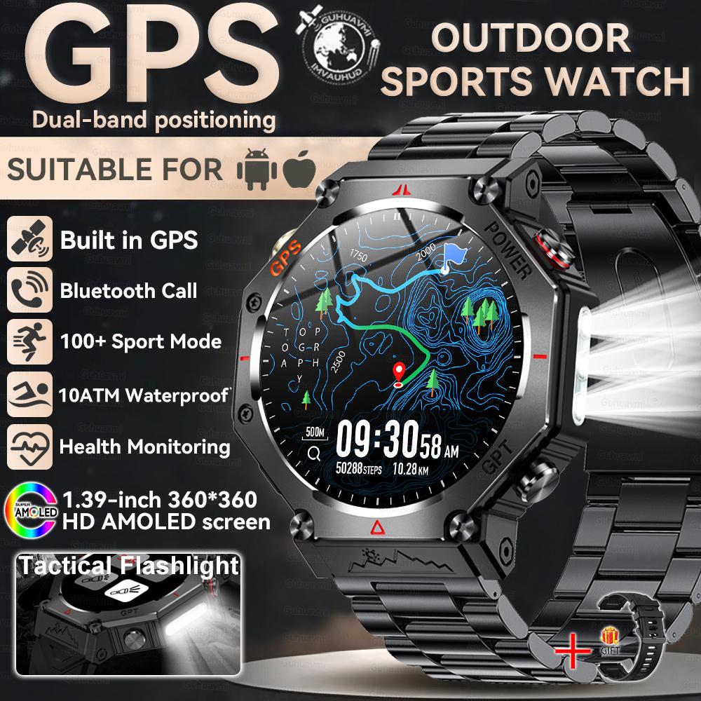 New Bulit-in GPS Outdoor Smart Watch Men Flashlight compass BT call Heart rate 10ATM Waterproof  Sports Smart watch