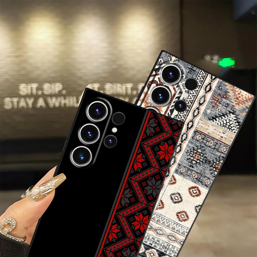Retro Ethnic Totem Pattern Black Soft Phone Cover Case for Samsung Galaxy S21 FE S25 Edge S23 Ultra S24 Plus S20