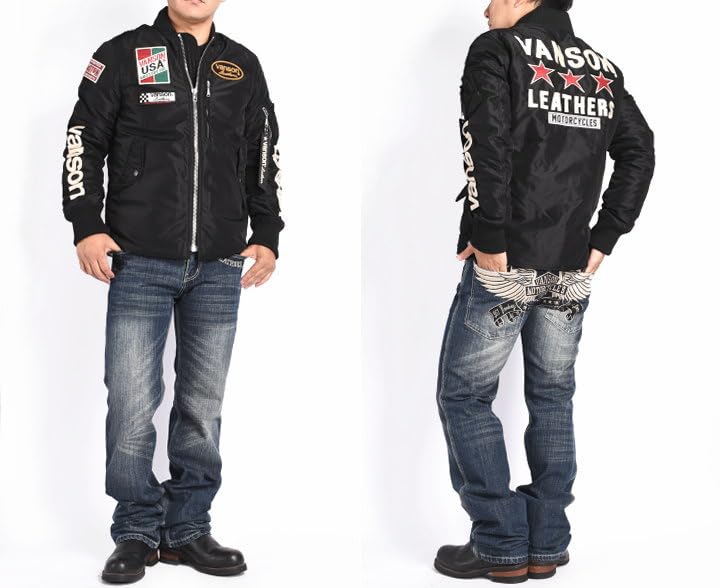 Open Bottom Flight Jacket Triple Star Embroidery Patch Custom [Vanson] MA-1 & NVJK-2308 (S, Black)