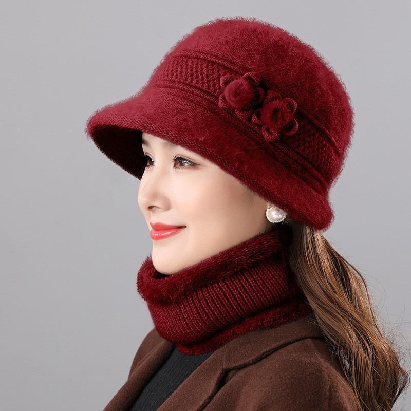 Hat Female Autumn and Winter Rabbit Hair Big Eaves Knitted Hat Old Hat Old Lady Fleece Warm Wool Hat