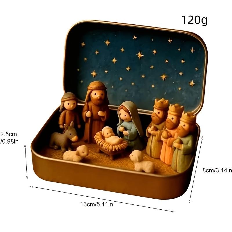 3D Resin Sculpture 120gChristmas Nativity Doll Scene Set, Portable Pocket Nativity Jesus Figures Box, Handmade Miniature Christian Jesus Doll Sets
