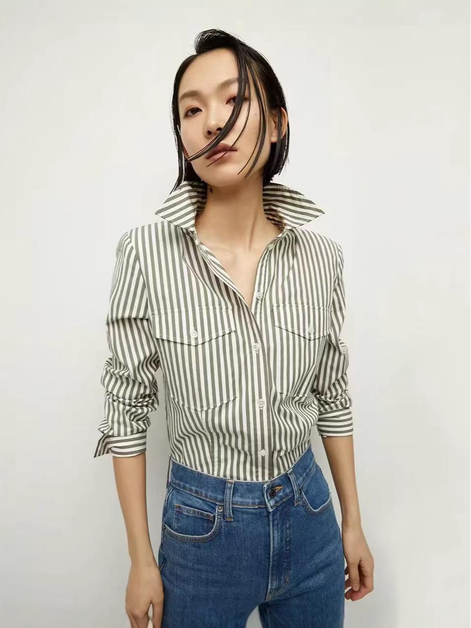 VB Women s Striped Long-Sleeve Shirt: Spring and Autumn French Design, Slim Fit. Small