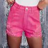 Hot Pink Ripped Denim Shorts with Rhinestones