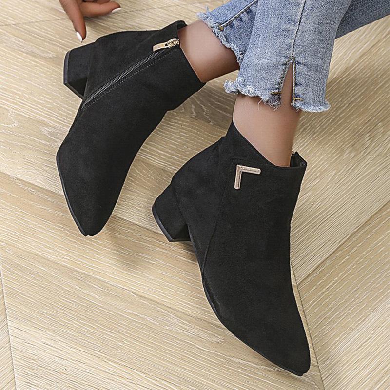 Fashion 2025 Spring Autumn Fashion Faux Suede Ankle Boots Women Solid Color Zipper Boots Woman Metal Decoration Pointed Toe Botas Lady