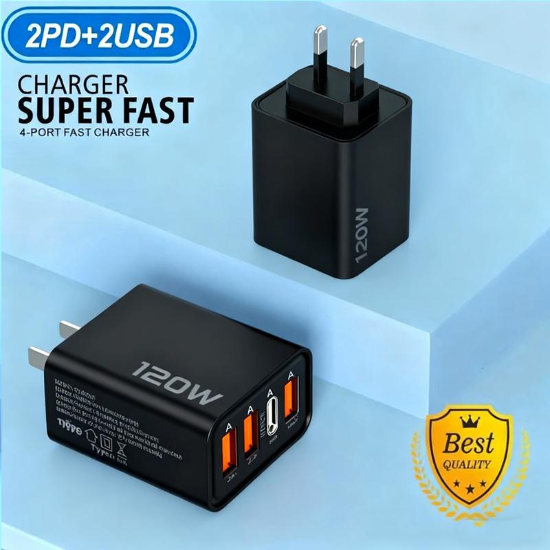 EU/US/UK120W fast charger with 2 USB ports and 2 Type-C ports,2-meter data charging cable,used for mobile phone,tablet,headphone