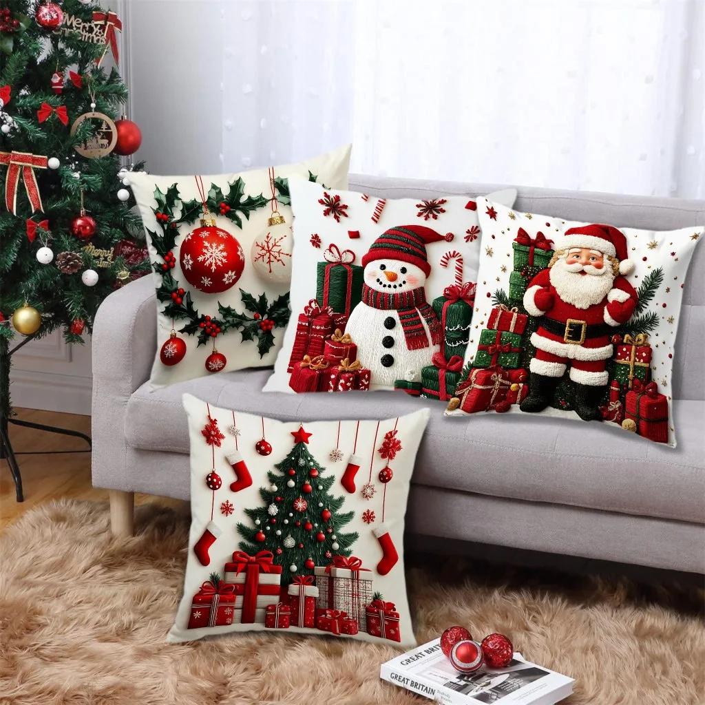 Cartoon Snowman Print Linen Plush Cushion Cover Santa Claus Merry Christmas Happy New Year Xmas Decor Throw Pillowcase
