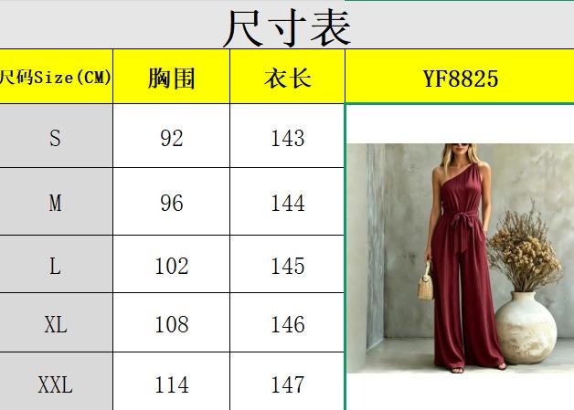 [Factory direct sales] New European and American cross-border women's clothing sexy slanted shoulder high waist drape and thin holiday jumpsuit