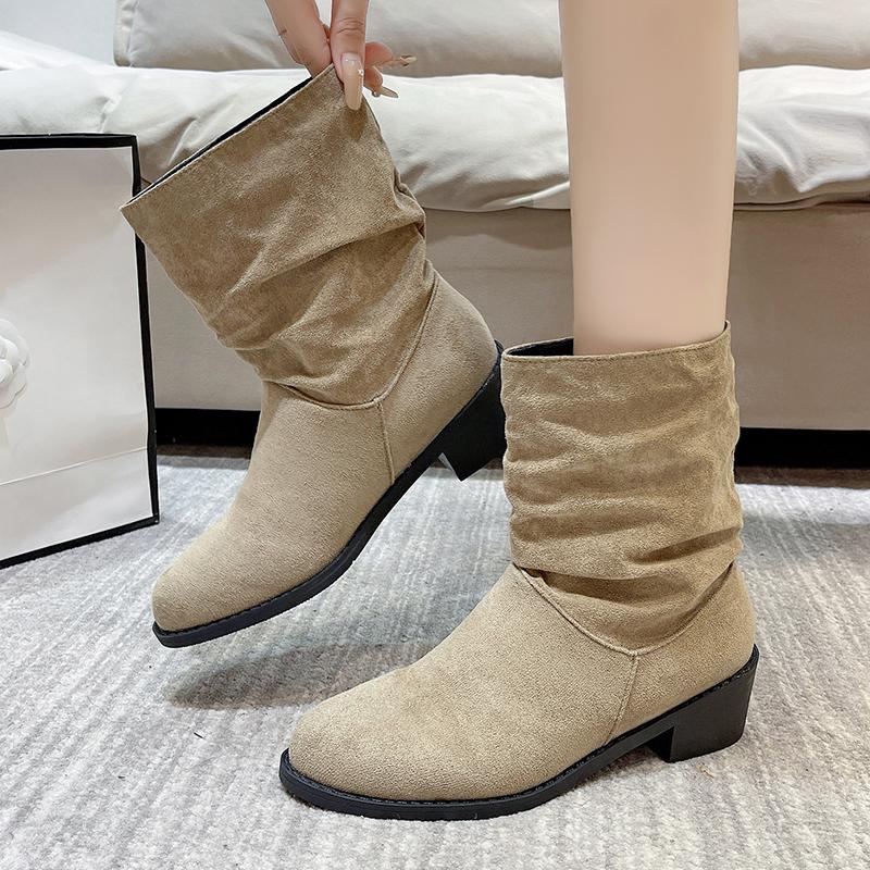 2024 Winter Women's New Western Boots Fashionable Thick Heel Slip-on Ankle Boots Women's Outdoor High Heel Mid-calf Boots