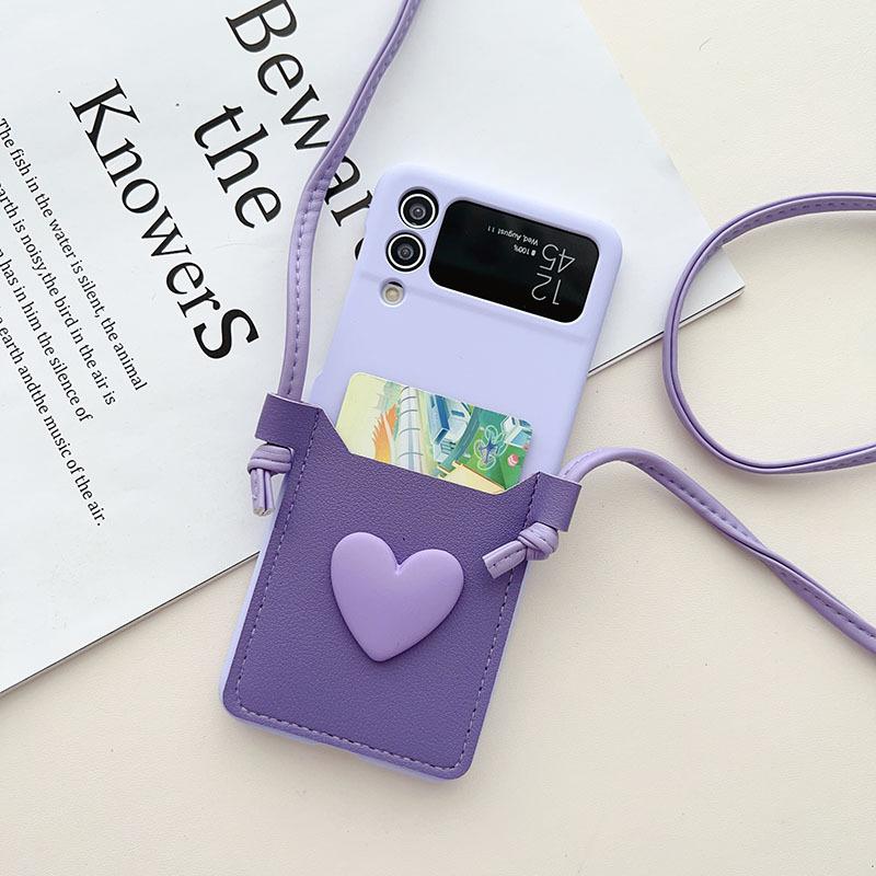 Crossbody Lanyard Necklace Strap 3D Love Case for Samsung Galaxy Z Flip 5 4 3 Flip5 Flip4 Flip3 5G Card Holder Leather Cover