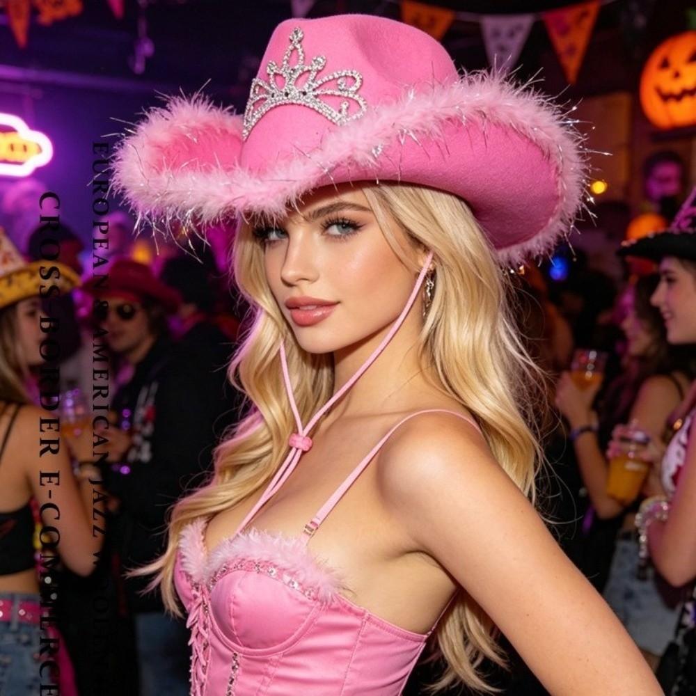 Soft Felt Rhinestone Tiara Cowgirl Hat Western Style Sparkly Western Cowboy Cap Halloween