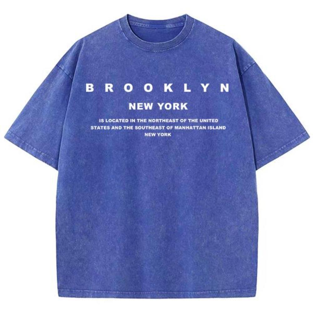 Brooklyn New York Slogan Printedsummer Vintage Washed Originality Cotton T-Shirt Normcore Round Neck Short Sleeved
