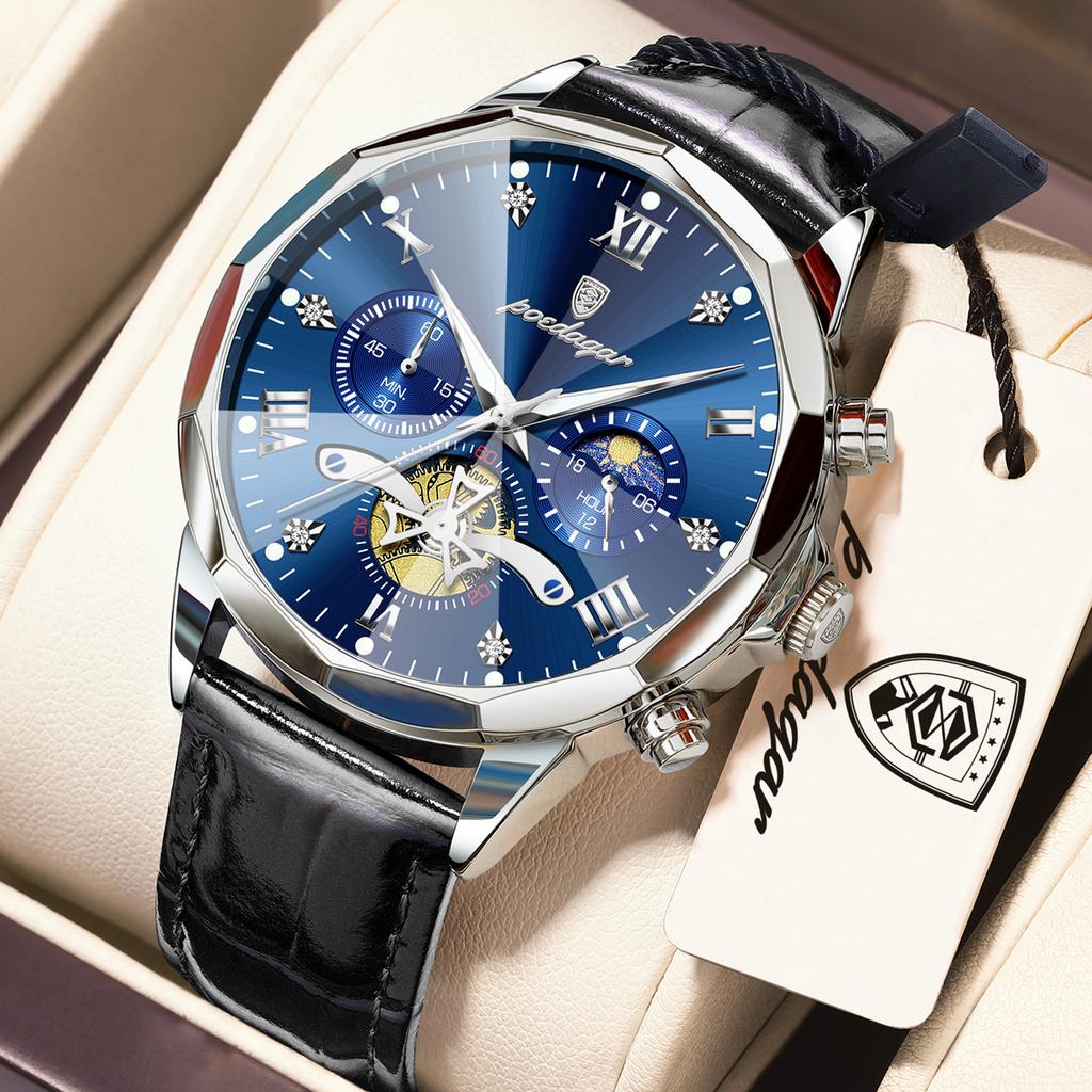 POEDAGAR Luxury Fashion Men Watch Waterproof Luminous Chronograph Leather Man Wristwatch High Quality Quartz Men's Watches Reloj