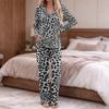 Women's pajamas fashion print long sleeve button-up top pocket pants home casual notch collar V-neck two-piece set
