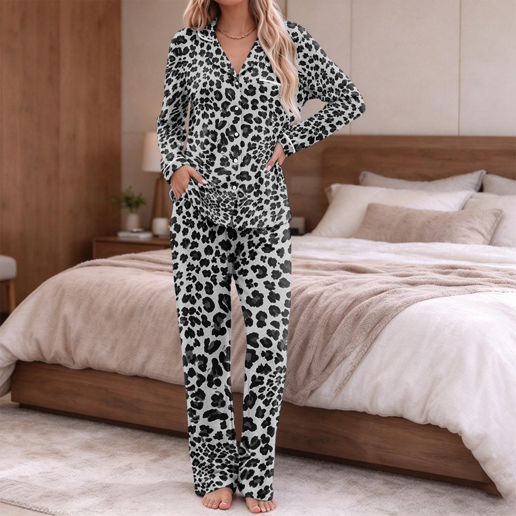 Women's pajamas fashion print long sleeve button-up top pocket pants home casual notch collar V-neck two-piece set