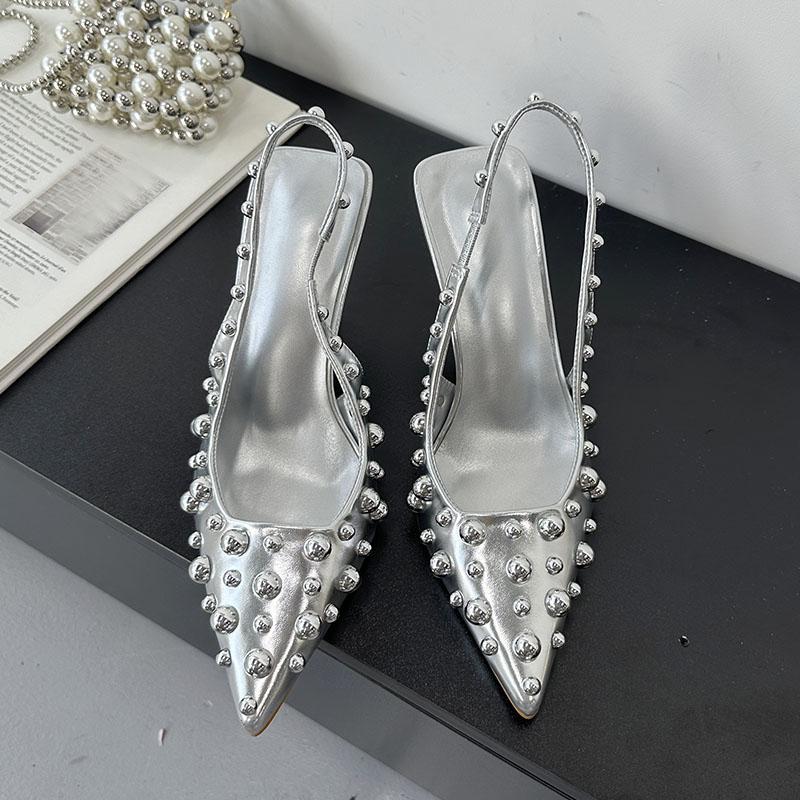 Fashion Female Metal Rivet Women Thin Heels Pumps Shoes Slingbacks Footwear Fashion Pointed Toe Ladies High Heels Shoes Sandals Big Size