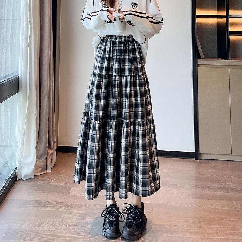 Spring 2025 Women's Navy Blue Plaid A-Line Patchwork Umbrella Skirt